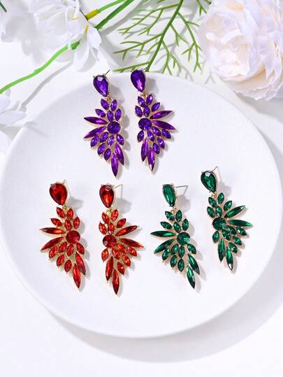  1 Set Fashionable Luxury Rhinestone Long Wing & Leaf Hollow Earrings, Suitable For Women's Daily, Party, Wedding And Special Occasions