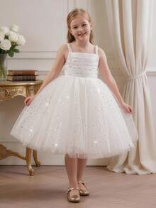 年轻女孩细肩带蝴蝶结串珠亮片网眼优雅白色公主裙，适合女孩的生日派对、晚会、婚礼、花童、节日庆典，所有季节 - 白色 - 查看 11