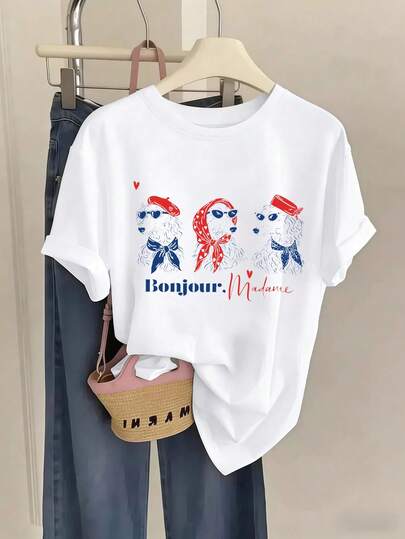 T-shirt da donna in stile francese con stampa di un cane, maglietta casual a maniche corte in cotone, top retrò parigino con scritta "Bonjour Madame", maglietta estiva alla moda