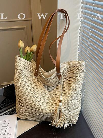 low tea 1个低茶色纯色草编单肩包，女士度假风大容量手提包，镂空草编沙滩包，双提手，拉链封口，流苏装饰，适合日常通勤和度假（附赠吊坠）