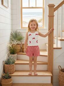 2pcs/Set, Girls' Summer Outfit With 3D Bow Decor Camisole Top And Contrast Plaid Shorts, Fashionable Summer Outdoor Wear, Perfect Matching - Red - View 3