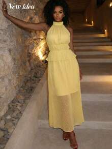 女士优雅黄色长裙，轻盈透明瑞士波点面料，无肩带褶裥下摆连衣裙，甜美优雅的假日派对装扮，女士优雅假日连衣裙，黄色瑞士波点长裙，派对场合连衣裙 - 淡黃色 - 查看 4