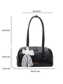Bolso de hombro de mujer de unicolor retro de piel de PU, de gran capacidad con diseño de múltiples bolsillos y colgante decorativo desmontable - Negro - Ver 10