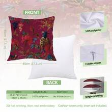 1pc Burgundy Hummingbird & Floral Print Pillow Cover [No Pillow Insert], 17.7*17.7in(45*45cm), [Single-Sided Printing], Made Of Polyester, Vintage European Style Cushion Cover For Sofa, Bed, Living Room, Bedroom, Car, Office, Hotel Decoration, Suitable For All Seasons, Perfect Gift For Family And Friends - Multicolor - View 2