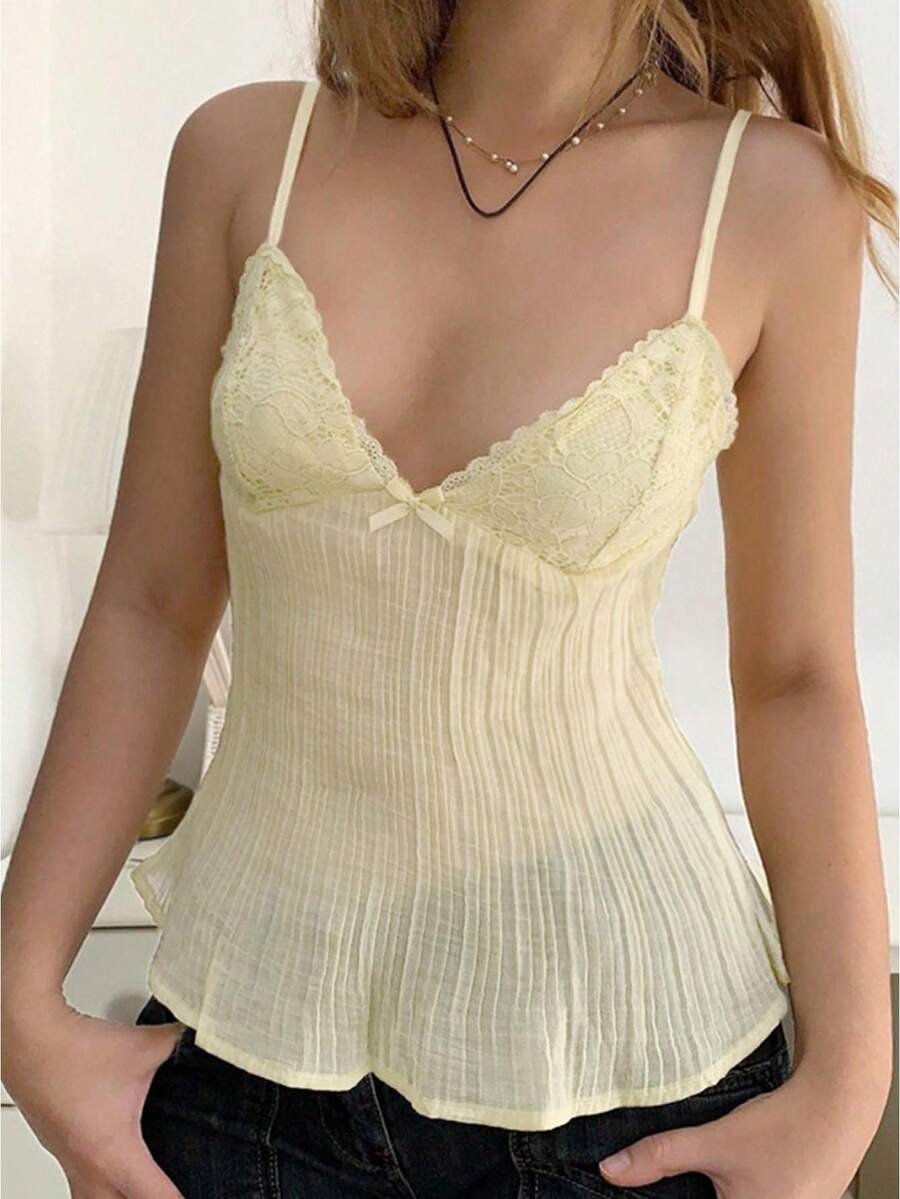Women's Pleated Chiffon Camisole Tops Stylish Solid Color Bow Lace Trimmed Sleeveless Spaghetti Strap Vest - Yellow - View 1