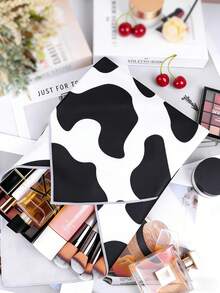 1个可爱奶牛纹毛毡软质可折叠自粘袋 - 多功能旅行化妆品收纳袋 - 可调节容量化妆包 - 彩色 - 查看 5