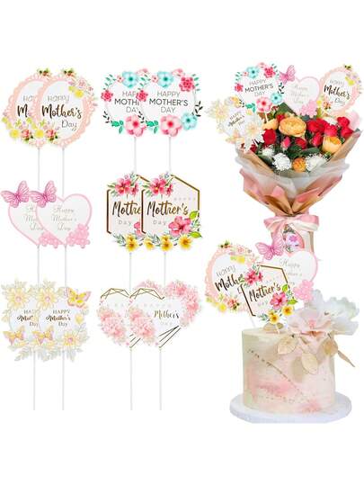 Mother's Day Floral Decorations, Mother's Day And Birthday Themed Floral Decor Sticks, Suitable For Mom's Party Decor, Floral Table Decor, Birthday Party Supplies And Mother's Day Center Decor. Mother's Day Cake Party Decor, Cake Bouquet Inserts, Mother's Day Bouquet Decor, Birthday Party Cake Decor