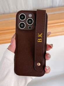 Luxury Litchi Texture Monogram Wrist Strap Phone Case Compatible With Apple 17 Pro Max 16 15 14 13 12 11 Pro, Customizable Monogram Name, Minimalist Anti-Fingerprint Anti-Drop Anti-Shock Couple Phone Case Soft Shell, Valentine's Day Gift, Birthday Gift, Holiday Gift, Personalized Gift For Him And Her - Chocolate Brown - View 1