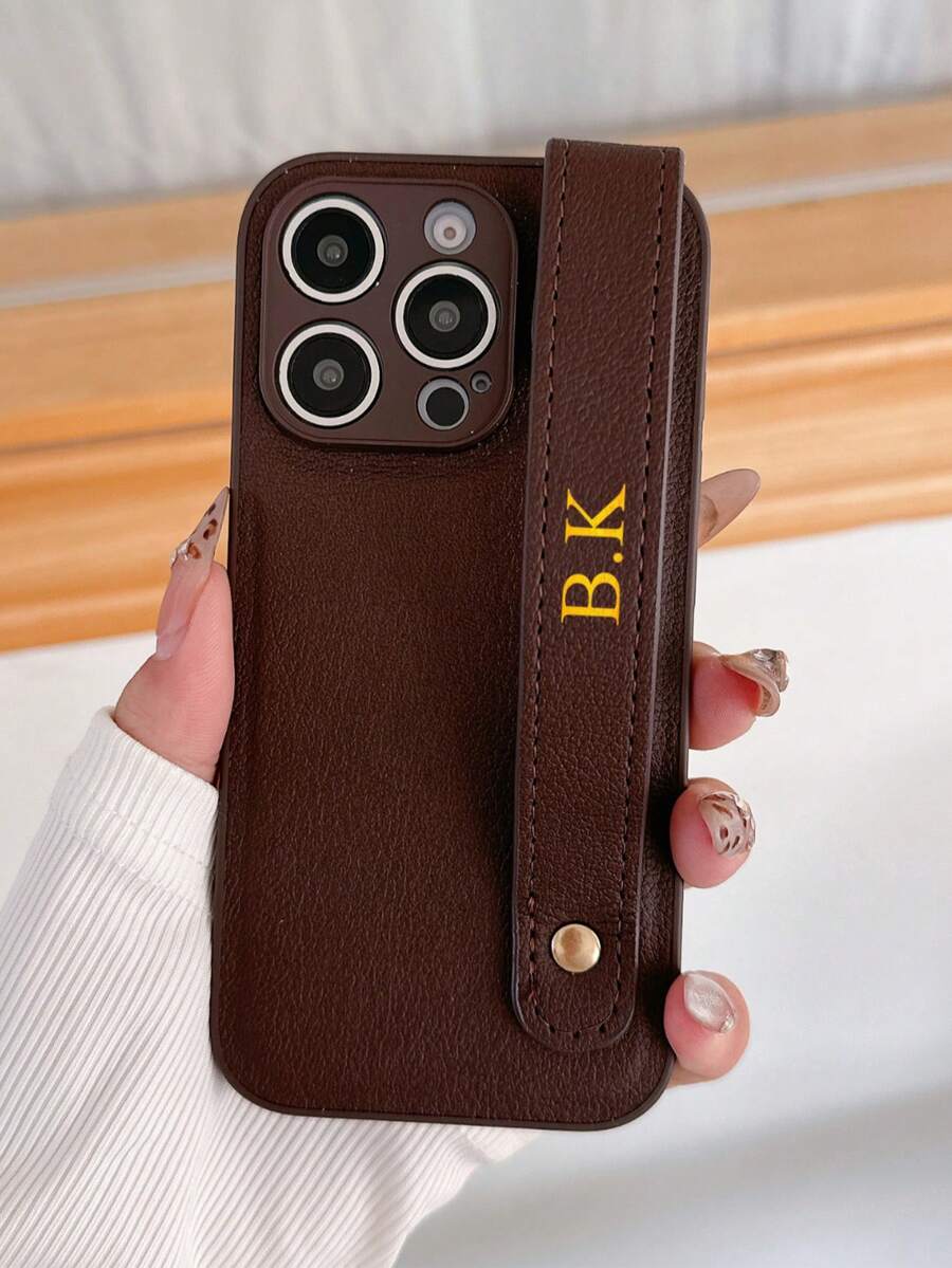 Luxury Litchi Texture Monogram Wrist Strap Phone Case Compatible With Apple 17 Pro Max 16 15 14 13 12 11 Pro, Customizable Monogram Name, Minimalist Anti-Fingerprint Anti-Drop Anti-Shock Couple Phone Case Soft Shell, Valentine's Day Gift, Birthday Gift, Holiday Gift, Personalized Gift For Him And Her - Chocolate Brown - View 1