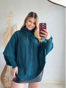 Women's Winter Knitted Poncho Blouse With Mousse Braid And High Neck - 水鴨藍 - 查看 1