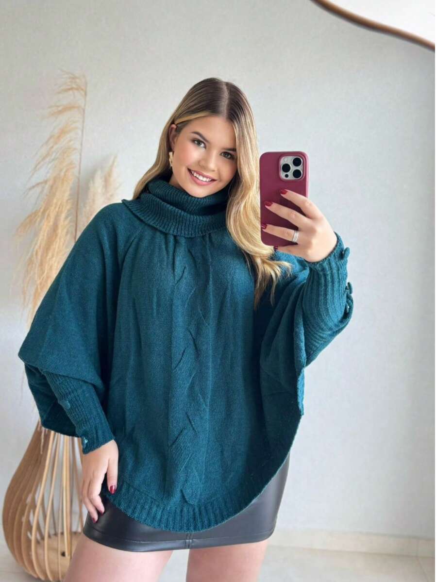 Women's Winter Knitted Poncho Blouse With Mousse Braid And High Neck - 水鴨藍 - 查看 1