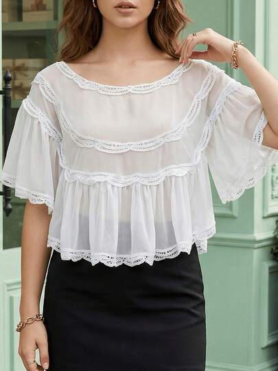 Women's Sheer Mesh Cropped Cover-Up Off Shoulder Guipure Lace Batwing Half Sleeve Tops