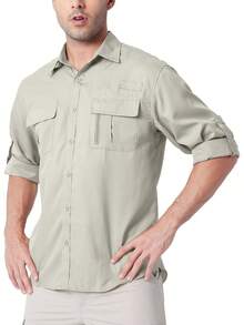Camisa safari ligera con protección UV para hombres para viajes al aire libre - Caqui claro - Ver 7
