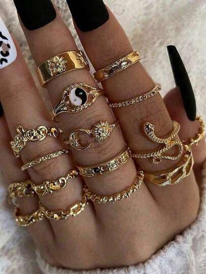 Set de 16 anillos vintage con diseño de serpiente Taiji y sol, adecuado para uso diario, regalo para mujeres