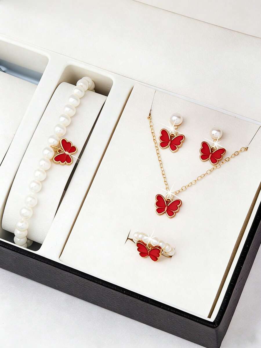 1 Set Fashionable & Sweet Butterfly Jewelry Set, Versatile For Daily Wear - Red - View 1