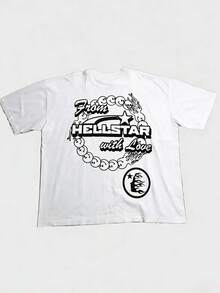 Plus Size Hellstars From Hellstars With Love Back Print Vintage Graphic T-Shirt,220g 100% Cotton,Round Neck Short Sleeve,White Streetwear Essential,Unisex Style - Black - View 1