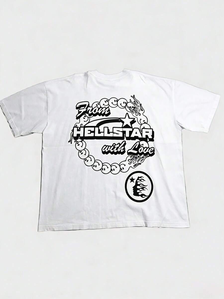 Plus Size Hellstars From Hellstars With Love Back Print Vintage Graphic T-Shirt,220g 100% Cotton,Round Neck Short Sleeve,White Streetwear Essential,Unisex Style - Black - View 1