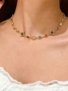 1pc Vintage Colorful Crystal Necklace, Fashionable Classical Elegant Luxurious Jewelry, Minimalist Versatile For Daily, Party And Event Wear - Multicolor - View 1