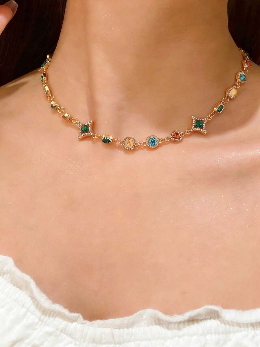 1pc Vintage Colorful Crystal Necklace, Fashionable Classical Elegant Luxurious Jewelry, Minimalist Versatile For Daily, Party And Event Wear - Multicolor - View 1