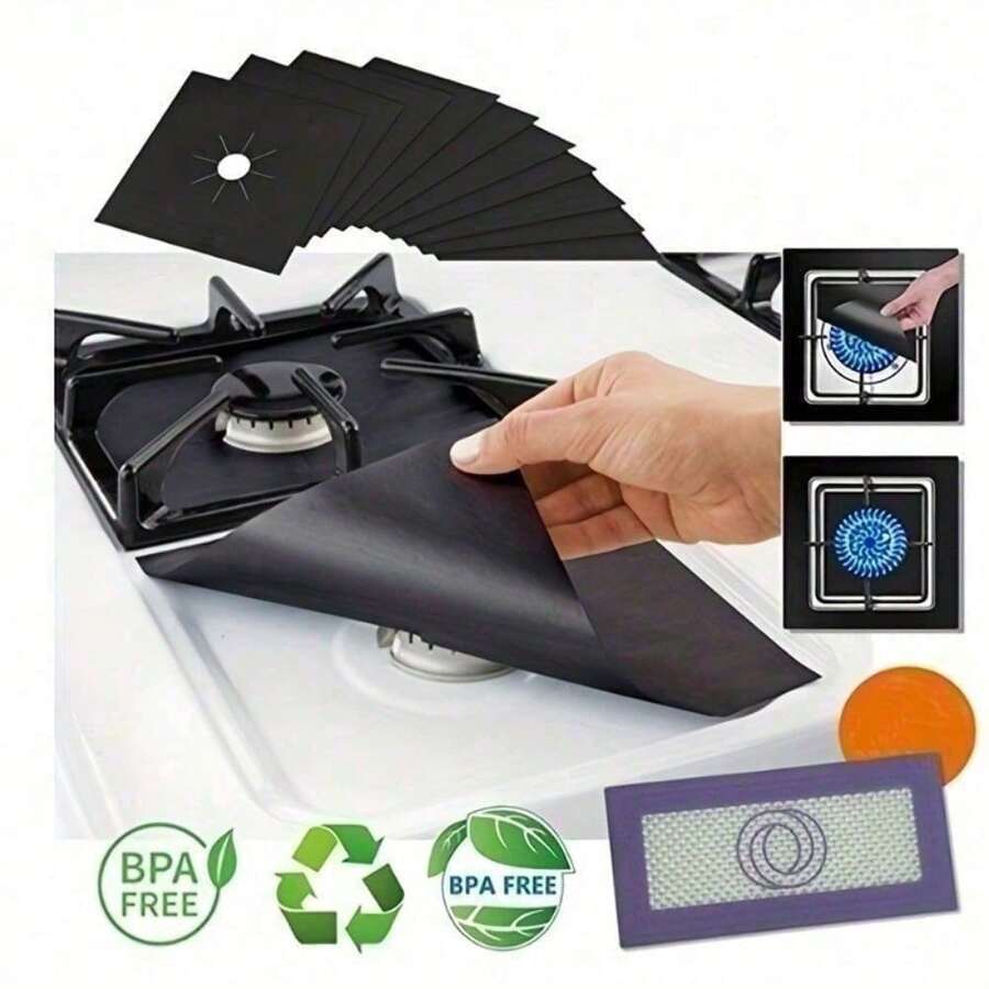 6pcs Premium Reusable Gas Range Stovetop Burner Protector Pad Liner Cover - Extra Thick 0.15mm For Cleaning Kitchen Tools - Black - View 1