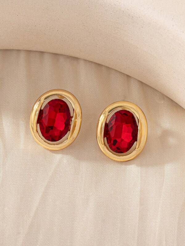 1 par de pendientes de lujo con estilo retro chapados en oro, de vidrio y aleación de zinc, adecuados para uso diario y bodas, color rojo