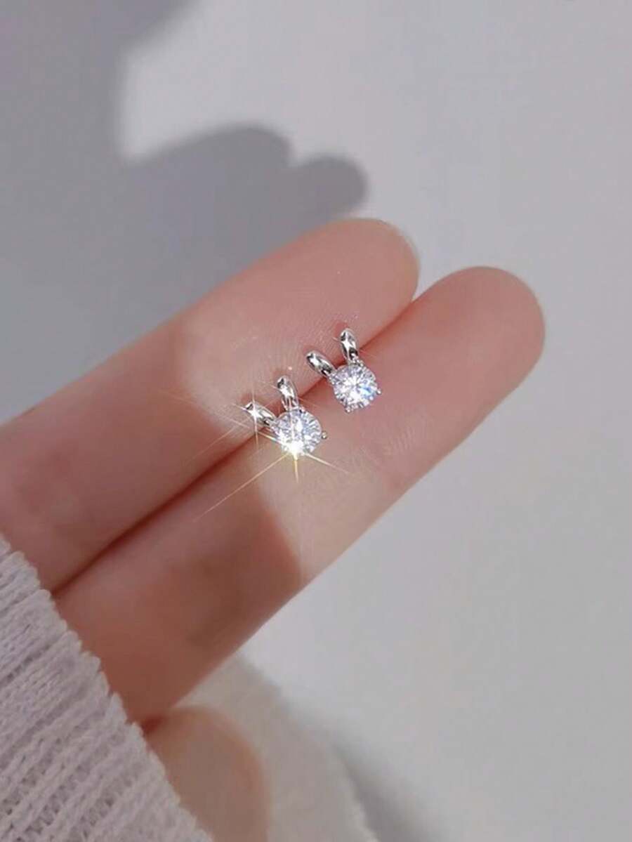 1 Pair Delicate Sparkling Rhinestone Cute Rabbit Ear Design Earrings, Elegant Daily Wear, Perfect Jewelry Gift For Easter - Silver - View 1