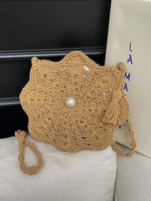 Handmade Crochet Flower Shaped Women Crossbody Pouch/Wallet, Summer - Khaki - View 8