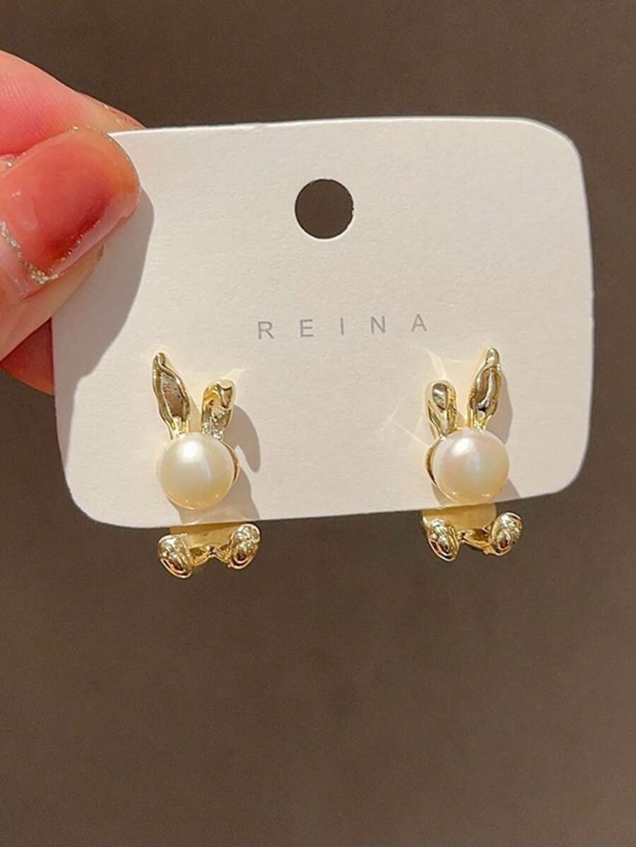 1 Pair Delicate Small Pearl & Cute Rabbit Reversible Earrings, Creative Elegant Earrings For Daily Wear, Perfect Jewelry For Easter (No Card) - Multicolor - View 1