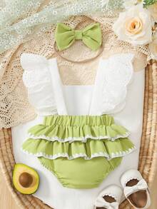 Bộ 2 món phong cách mùa hè tươi mát: Áo liền quần tay ngắn ren trắng in hình quả bơ và băng đô cài tóc. - Nhiều màu - Xem 2