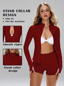 Women's Slim Fit Breathable Sports Set, Suitable For Outdoor Running, UV Protection Zipper Elastic Minimalist Slim Fit Fashionable Sexy High-Quality Basic Streetwear Elastic Casual Unique Color Brightening Skin Tone Elegant Tight Fit Warm Long Sleeve Yoga Jacket - 酒紅色 - 查看 13