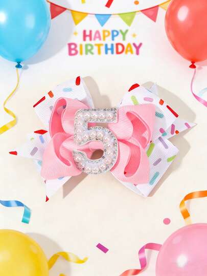 1pc Girls 1-8 Year Old Birthday Hair Bows, Pink Alligator Clips Bow Hair Clips, Exquisite Pearl & Rhinestone Hairpins, Cute Princess Hair Accessories For Girls Gifts Birthday Party Spring Summer