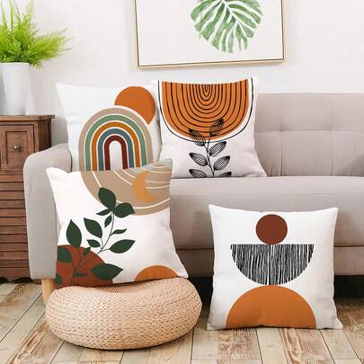 Bộ 4 vỏ gối trang trí phong cách Bohemian trừu tượng, họa tiết hình học sọc kẻ, mặt trời, mặt trăng, cầu vồng, cây cối, phong cách tối giản, thích hợp cho ghế sofa, phòng ngủ (không kèm ruột gối).