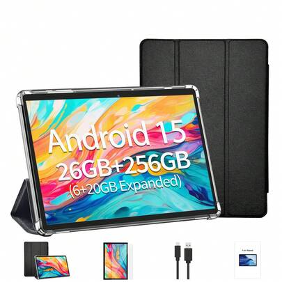 Relndoo 2026 Android 15 Tablet, Android-Tablets mit Hülle, 26 (6+20) GB RAM + 256 GB ROM, 10,1-Zoll-Tablet, 1280*800px HD-Touchscreen, Dual-Kamera, Quad-Core-CPU, 6000-mAh-Akku, unterstützt 1 TB SD-Erweiterung, 802.11n WLAN 2,4G/5G Wireless, zertifizierter Tablet-PC, Tablet, Pad (ohne Adapter)