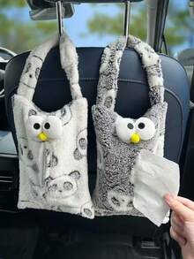 1pc Grey & White Plush Tissue Box, Car Hanging Tissue Paper Holder - Tissue Box - View 6