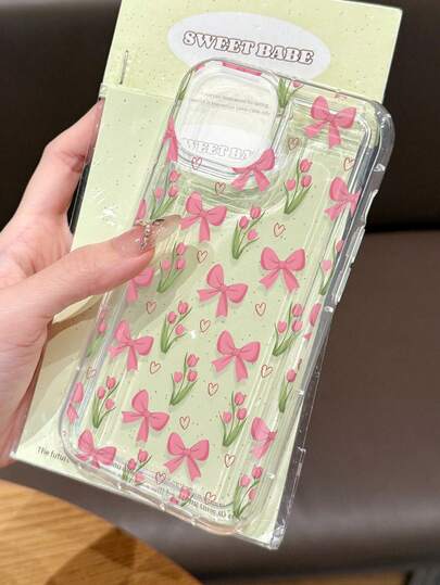 1个清新舒缓郁金香、蝴蝶结、爱心图案防滑透明气囊手机壳，适用于 11/12/13/14/15/16/17 Pro Max