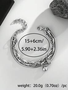 1pc Stainless Steel Rhinestone Hoop & Ball Pendant Dual-Layer Fashionable Versatile Bracelet - Silver - View 3