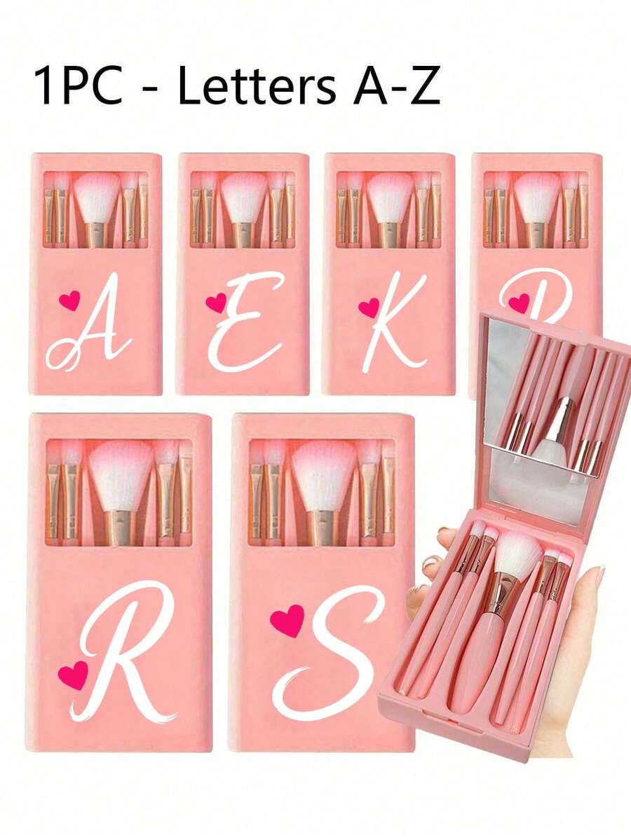 1 Set de Brochas de Maquillaje Portátil con Espejo y Cerdas Suaves, Patrón de Corazón Rosa, Caja para Set de Brochas de Maquillaje, Brocha de Maquillaje Multifuncional con Caja de Espejo, Bolígrafo de Maquillaje Multifuncional Miniatura, Brocha de Maquillaje para Base - Multicolor - Ver 1