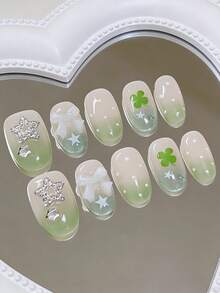 10pcs Handmade Short Oval Nail Stickers, Ombre French Manicure, Green Nails, Cat Eye Nails, Cute Nails, St. Patrick's Day Theme Medium Oval Nail Stickers, Lucky Nail Art, Cute Polka Dot Nails, Decorated With Rhinestone Pentagram, White Bow And Lucky Clover, Suitable For Ladies And Girls, Holiday & Spring Nail Supplies, DIY Nail Supplies, Press-On Nails, Acrylic Press-On Nails, Nail Supplies - Green - View 3