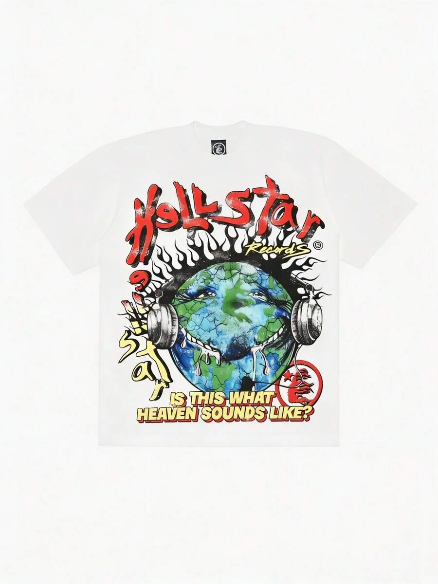 Hellstars Is This What Heaven Sounds Like? Earth Headphones Y2K Graphic T-Shirt,220g 100% Cotton,Round Neck Short Sleeve,White Streetwear Essential,Unisex Style - White - View 1