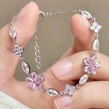 1pc Elegant Pink Crystal Zirconia Sakura Flower Petal Bracelet, Bridal Charm Bracelet - Multicolor - View 3