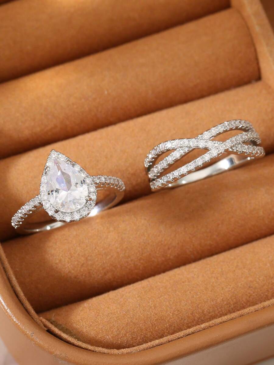 2件套立方氧化锆水滴形多层戒指套装，个性化戒指，适合女性日常佩戴 - 銀色 - 查看 1