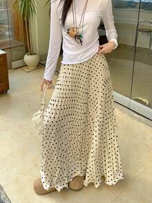 新款女式春季韩版弹力腰波点百褶长裙，百搭显瘦 - 杏色 - 查看 5