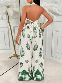 AIJ 女士优雅夏季度假两件套，露背领口，系带腰身设计，印花阔腿裤 - 豆綠色 - 查看 2