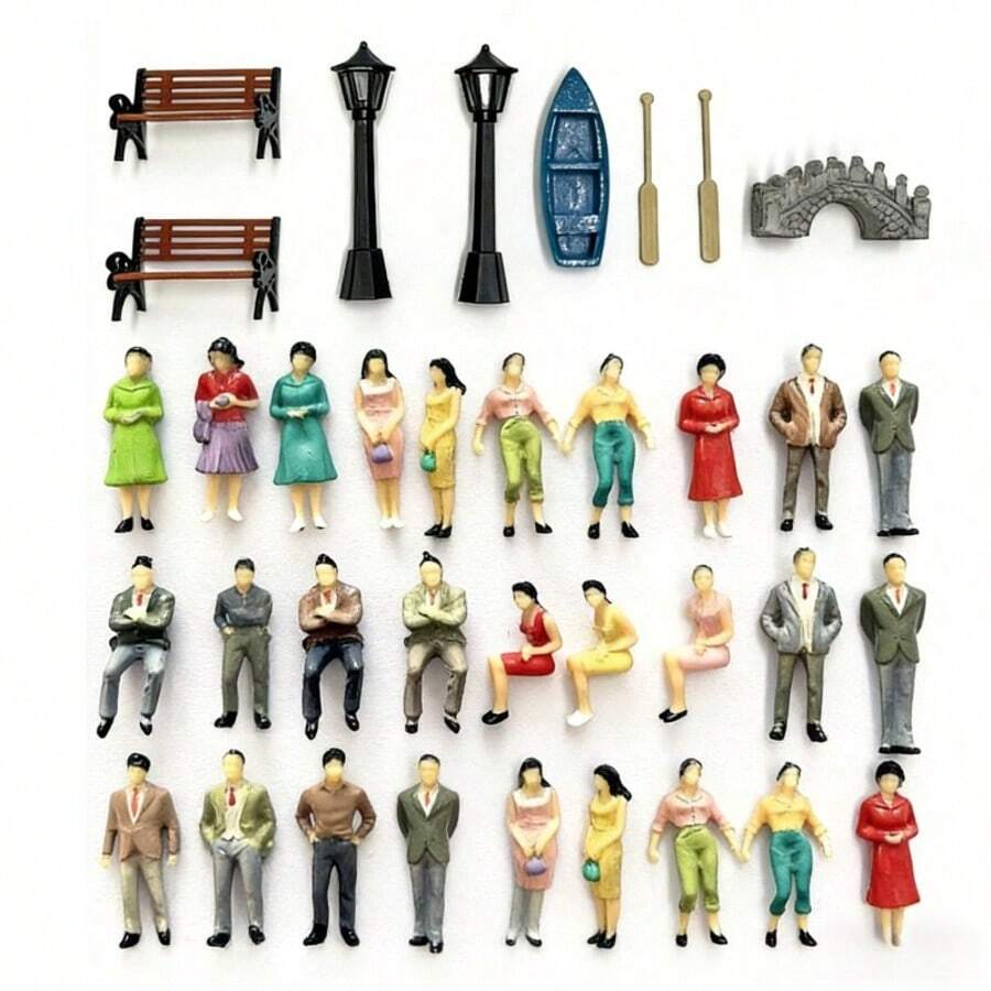 Bộ mô hình nhà vườn thu nhỏ, trang trí nhà búp bê, trang trí bàn tiệc cưới, thiết kế kiến trúc bằng nhựa, bao gồm cột đèn, ghế đá, thuyền và cầu. - B - Xem 1