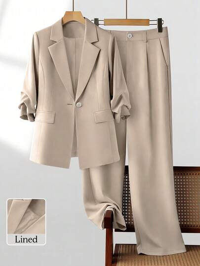 Damen Frühling/Sommer Casual Pendler Plissee Design 3/4 Ärmel Locker Einreihiger Blazer Jacke & Weite Bein Hose Set