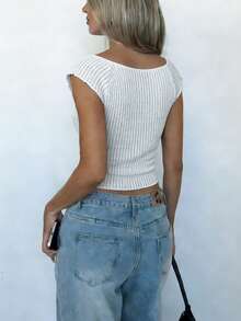 Women's White Knitted Lace Short-Sleeve Sheer Top Elegant Summer Casual Wear,Summer Outfits,Vacation Outfits. - White - View 7