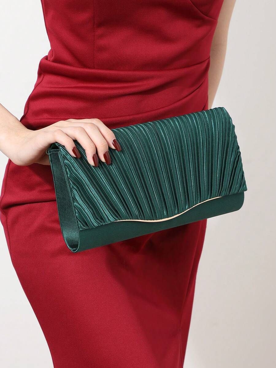 Pink Satin Pleated Clutch Bag - Dark Green - View 1