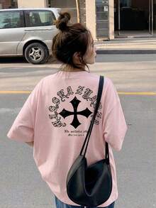 Women Summer Slogan & Cross Printed Oversized Crew Neck Short Sleeve Casual T-Shirt Pink - Pink - View 2