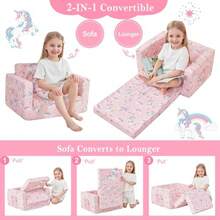 Sofá 2 en 1 para niños sofá cama plegable suave sillas para niños y niñas sofá convertible para descansar para sala de juegos regalo para cumpleaños día del niño unicornio rosa - Unicornio Rosa - Ver 6