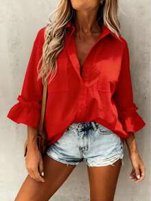 Casual Minimalist Charming Fashion 3/4 Sleeve Button Collar Shirt, Minimalist 3/4 Sleeve Ruffle Cuff Blouse, Women Spring - Red - View 8